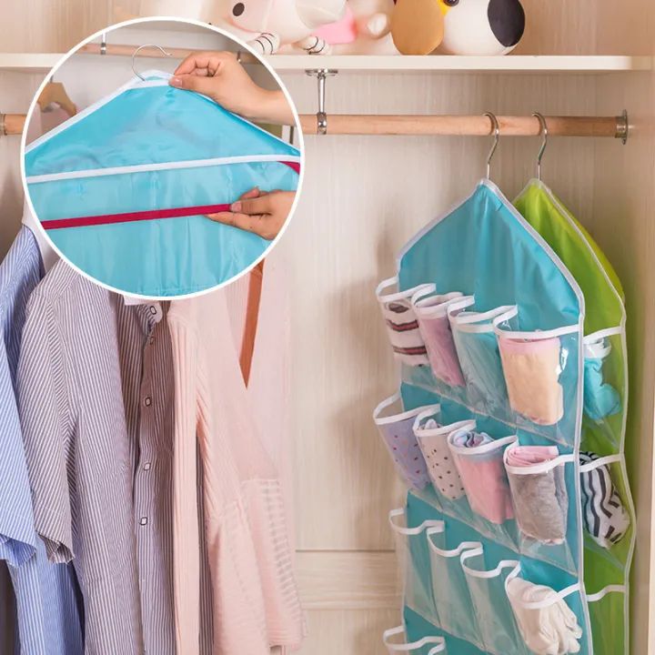 16 Grid Pockets Clear Hanging Bag Socks Bra Underwear Stationery Rack Hanger Storage Saving Space Tidy Organize