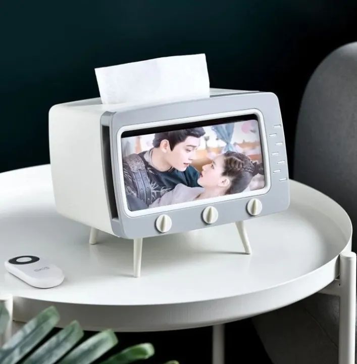 TV Shape Tissue Box Cover Holder with Mobile Holder Storage Box Tv Design Container for Home and Office