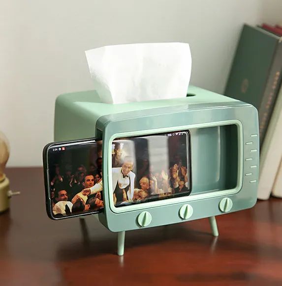 TV Shape Tissue Box Cover Holder with Mobile Holder Storage Box Tv Design Container for Home and Office