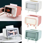 TV Shape Tissue Box Cover Holder with Mobile Holder Storage Box Tv Design Container for Home and Office