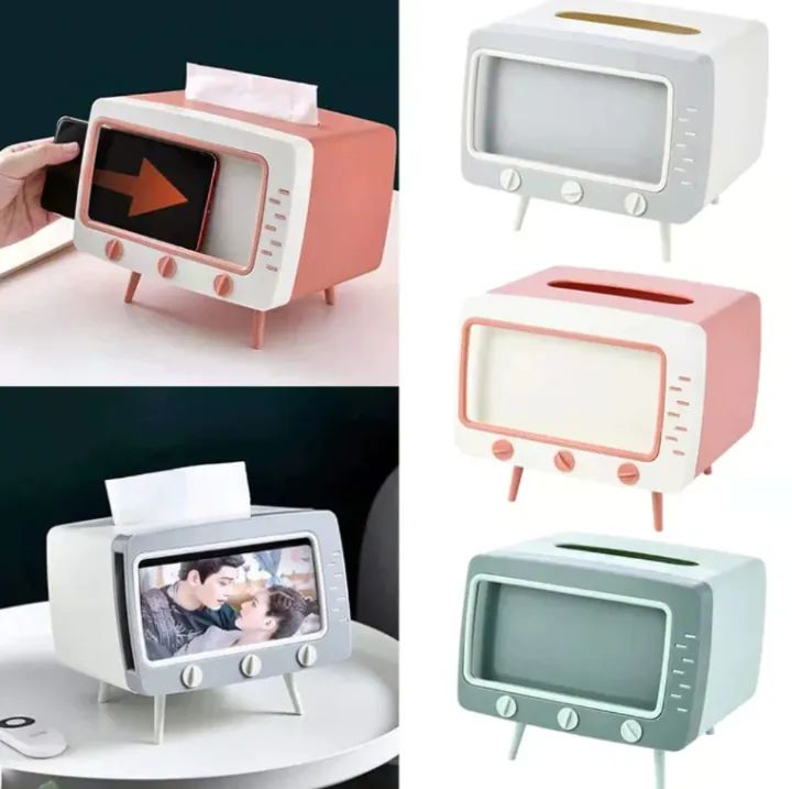 TV Shape Tissue Box Cover Holder with Mobile Holder Storage Box Tv Design Container for Home and Office