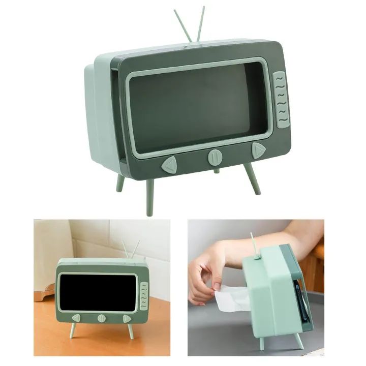 TV Shape Tissue Box Cover Holder with Mobile Holder Storage Box Tv Design Container for Home and Office