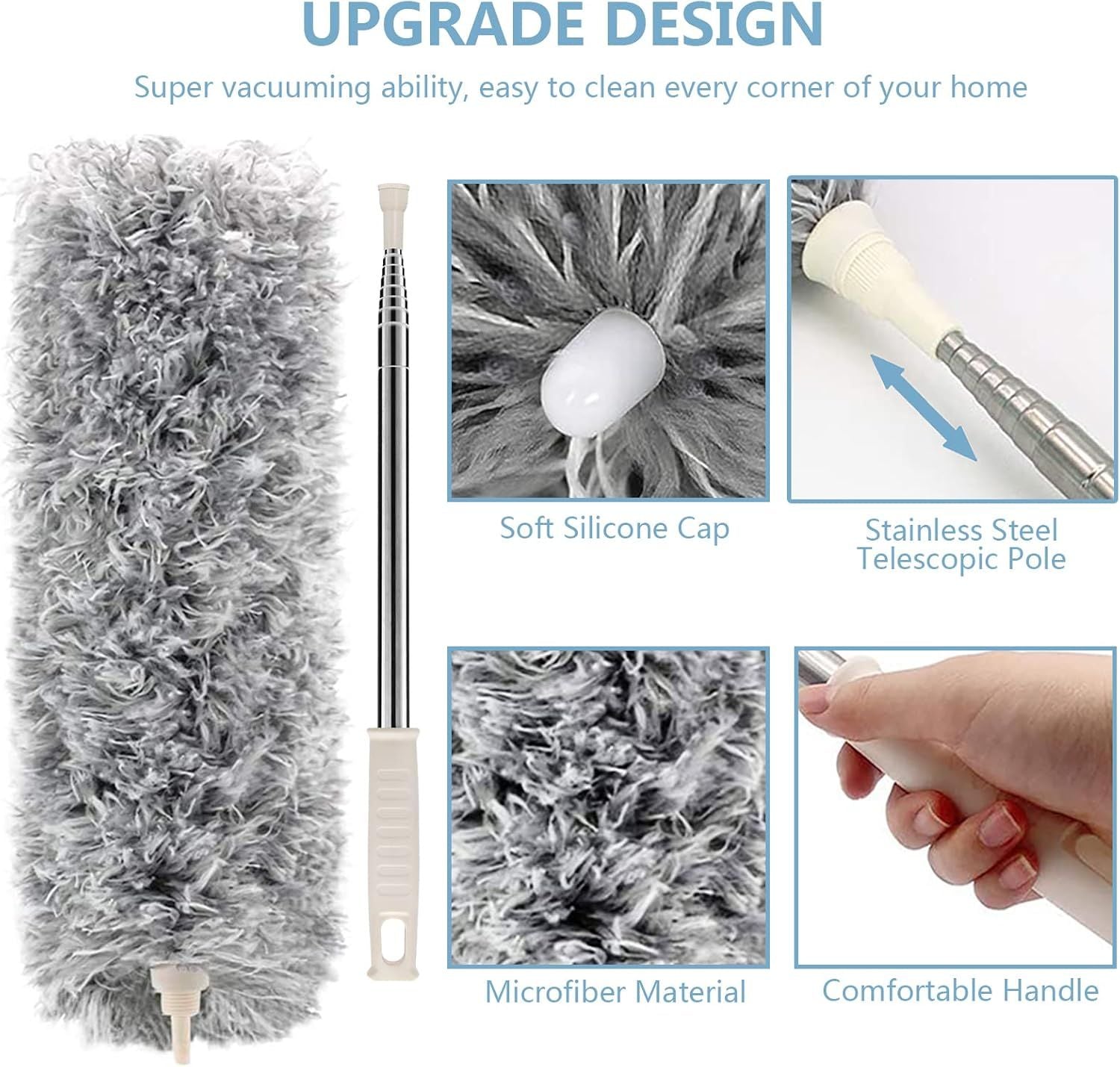 Microfiber Duster with Extension Pole Stainless Steel 30 to 100 with Bendable Head Extendable Long Fan Duster for Cleaning Ceiling Fan High Ceiling Keyboard Furniture Cars Gray