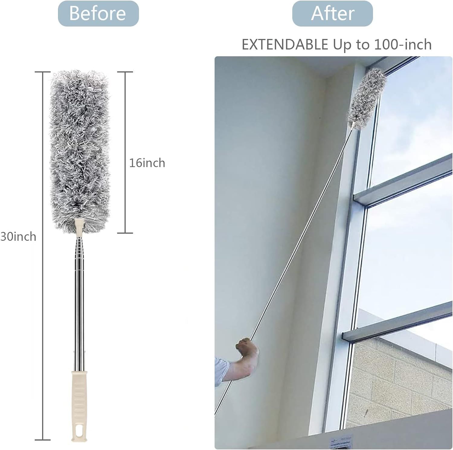 Microfiber Duster with Extension Pole Stainless Steel 30 to 100 with Bendable Head Extendable Long Fan Duster for Cleaning Ceiling Fan High Ceiling Keyboard Furniture Cars Gray