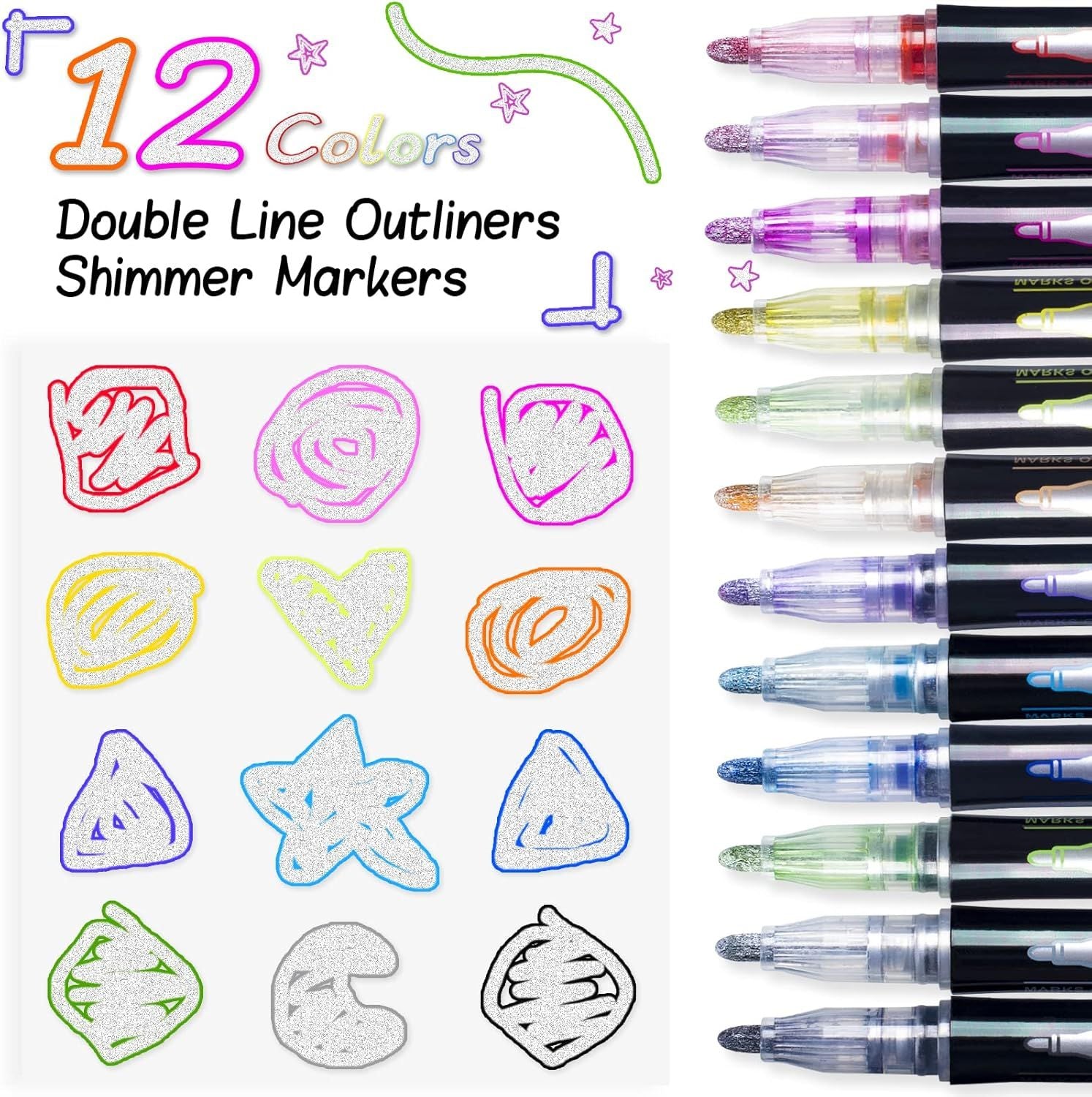 Outline Markers Pens Shimmer Markers 12 Colors Shimmer Marker Set for Doodling Super Squiggles Outline Marker for Children Ages 8 12 Double Line Pen for Drawing Card Making Journal Pens