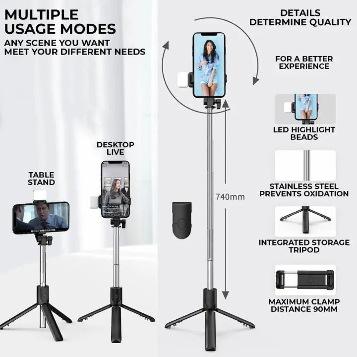 R1s Bluetooth Selfie Sticks with Remote and Selfie Light 3-in-1 Multifunctional Selfie Stick Tripod Stand Mobile Stand Compatible with All Phones 360° Rotation Long Selfie Stick with LED Fill Light