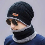 2pc Winter Cap Beanie Hat Cap Neck Warmer Scarf Set Fleece Lined Skull Cap and Scarf Unisex Hat & Scarf Set Stylish Knit Skull Cap for Men Women